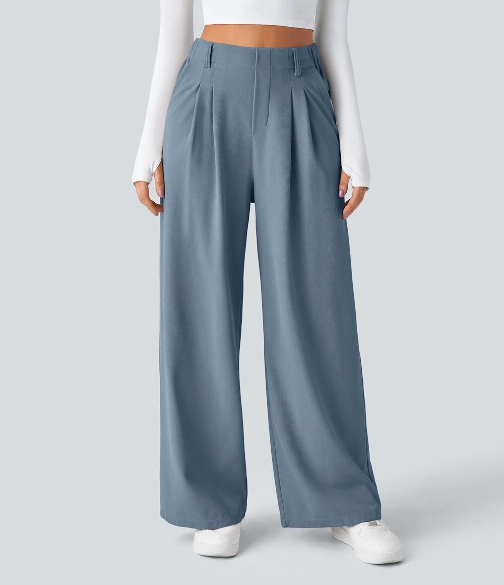 Halara Flex High Waisted Wide Leg Trouser Pants Size L Blue Waffle Knit Lounge